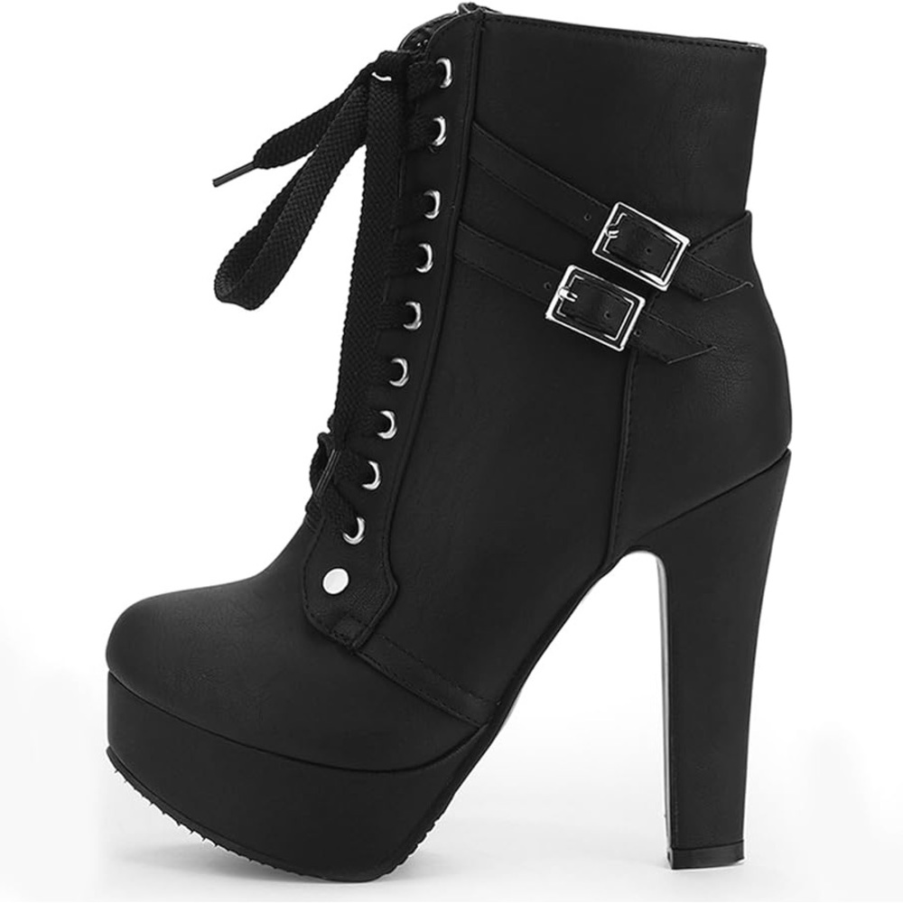 Womens Autumn Lace Up Ankle Buckle High Heel Boots Size 10 Black Platform Boots